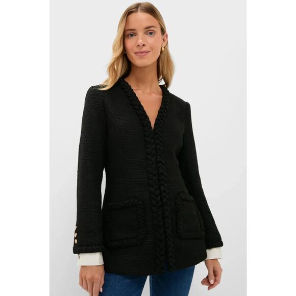 Tuckernuck Jackets & Blazers - Tuckernuck Shay Jacket, Medium, Black Tweed Collarless Braided Trim Blazer New